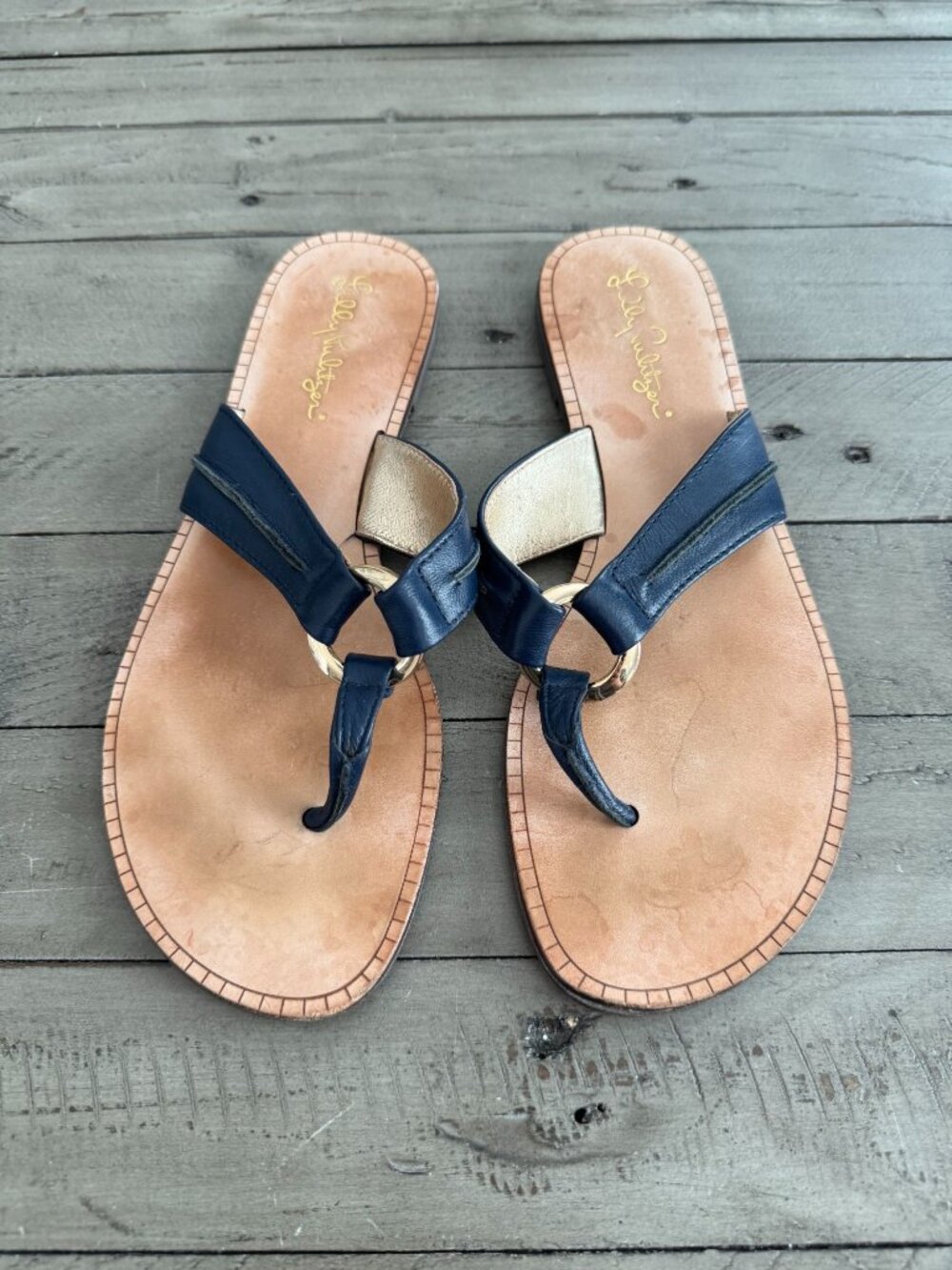 Lilly Pulitzer McKim Thong Flat Leather Sandals Navy Blue Size 7.5
